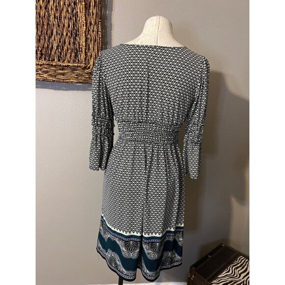 Max Edition Studio Dress Green Blue Ivory M Medium 3/4 Long Sleeve Washable - Picture 4 of 6